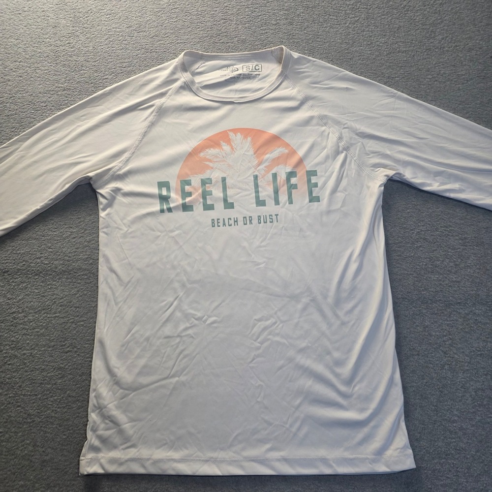 Reel Life Fishing Sun Shirt Mens S Beach or Bust Long Sleeve Performance White